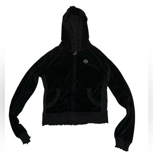 Y2K Black Velour Zip-Up Cropped Hoodie | Ruffle Trim S/P